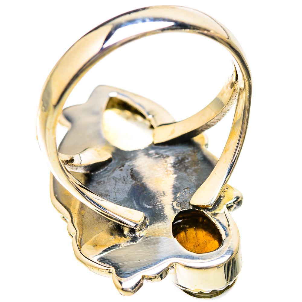Sterling silver open-back ring with polished goldtone underside and amber stone detail
