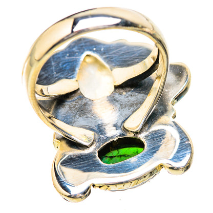 Sterling silver ring featuring blue moonstone oval top and green stone detail