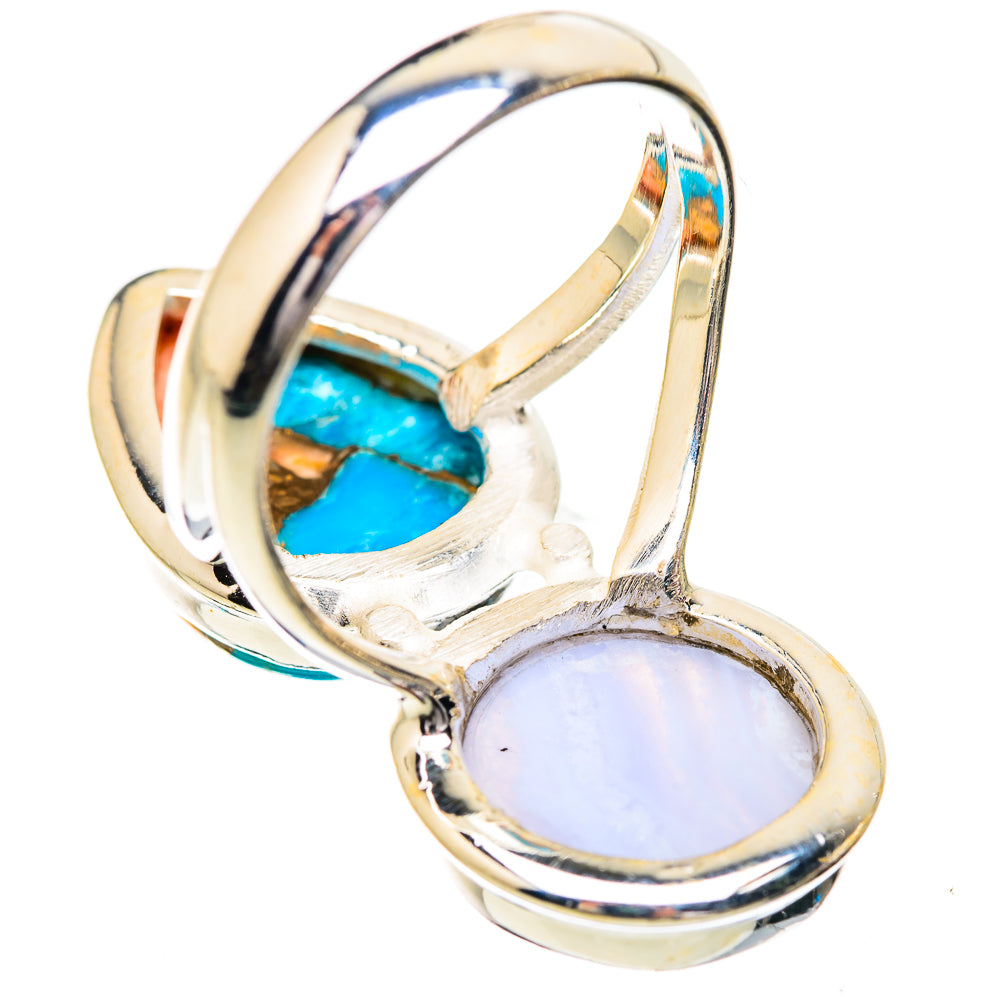 Sterling silver double-oval ring with turquoise spiny stone and lavender agate cabochon