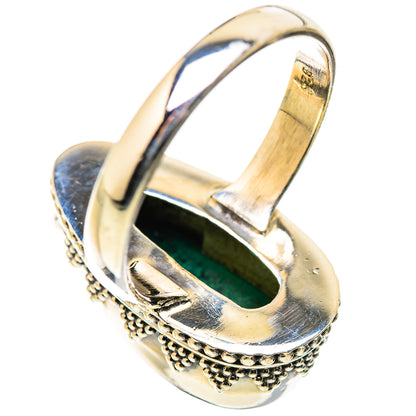 Malachite-and-chrysocolla cabochon ring with oval stone in silver filigree setting, side view