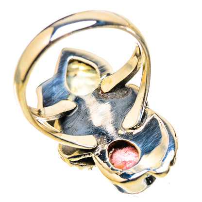 Metal ring with rainbow moonstone glow and pink tourmaline bezel setting
