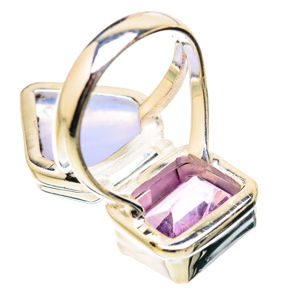 Sterling silver ring with amethyst and light blue lace agate, top view bezel settings