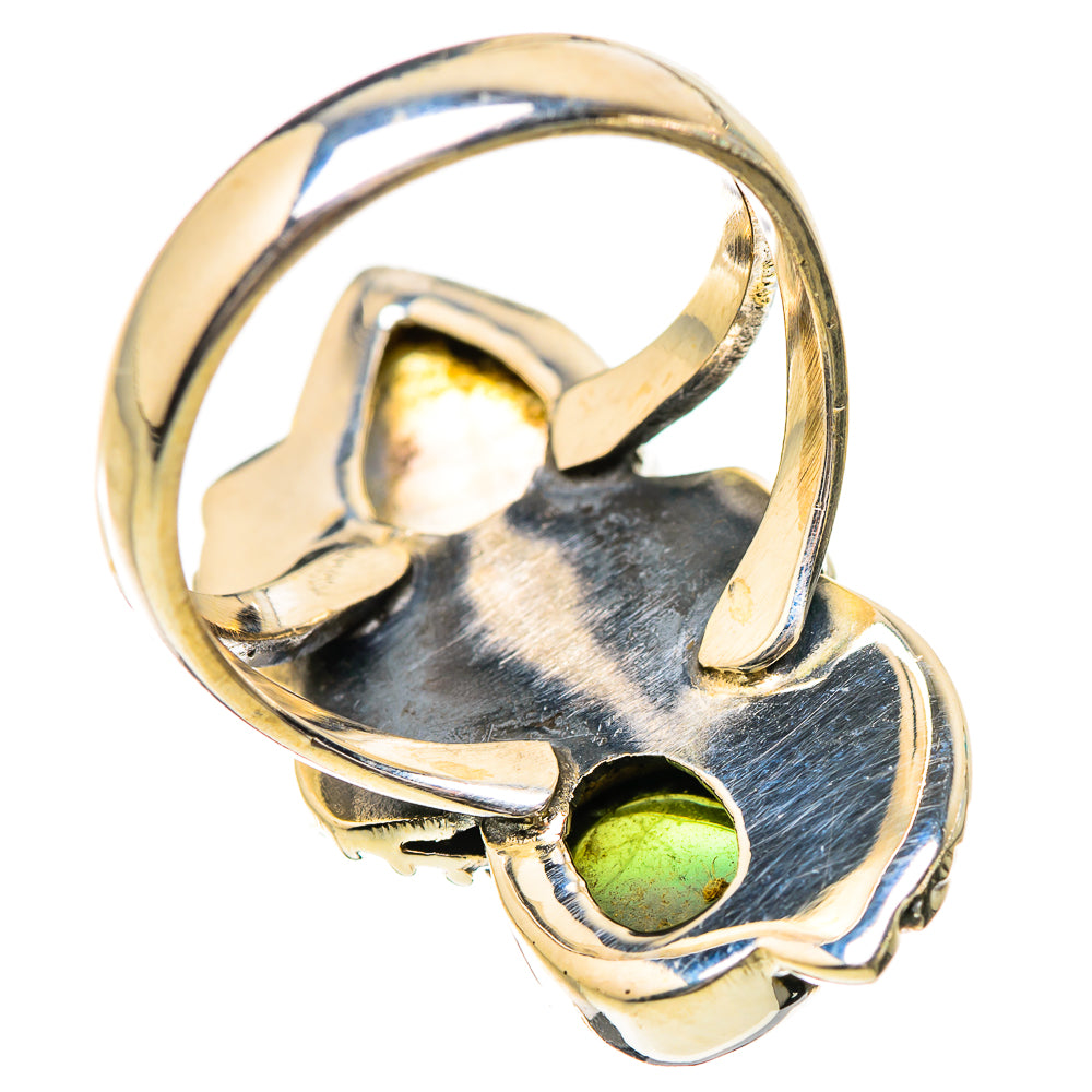 Sterling silver gemstone ring, open band with green round stone and pear moonstone bezel