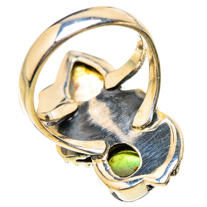Sterling silver gemstone ring, open band with green round stone and pear moonstone bezel