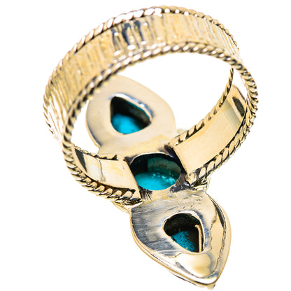 Three-stone turquoise ring in 925 sterling silver, ornate band with raised bezel setting
