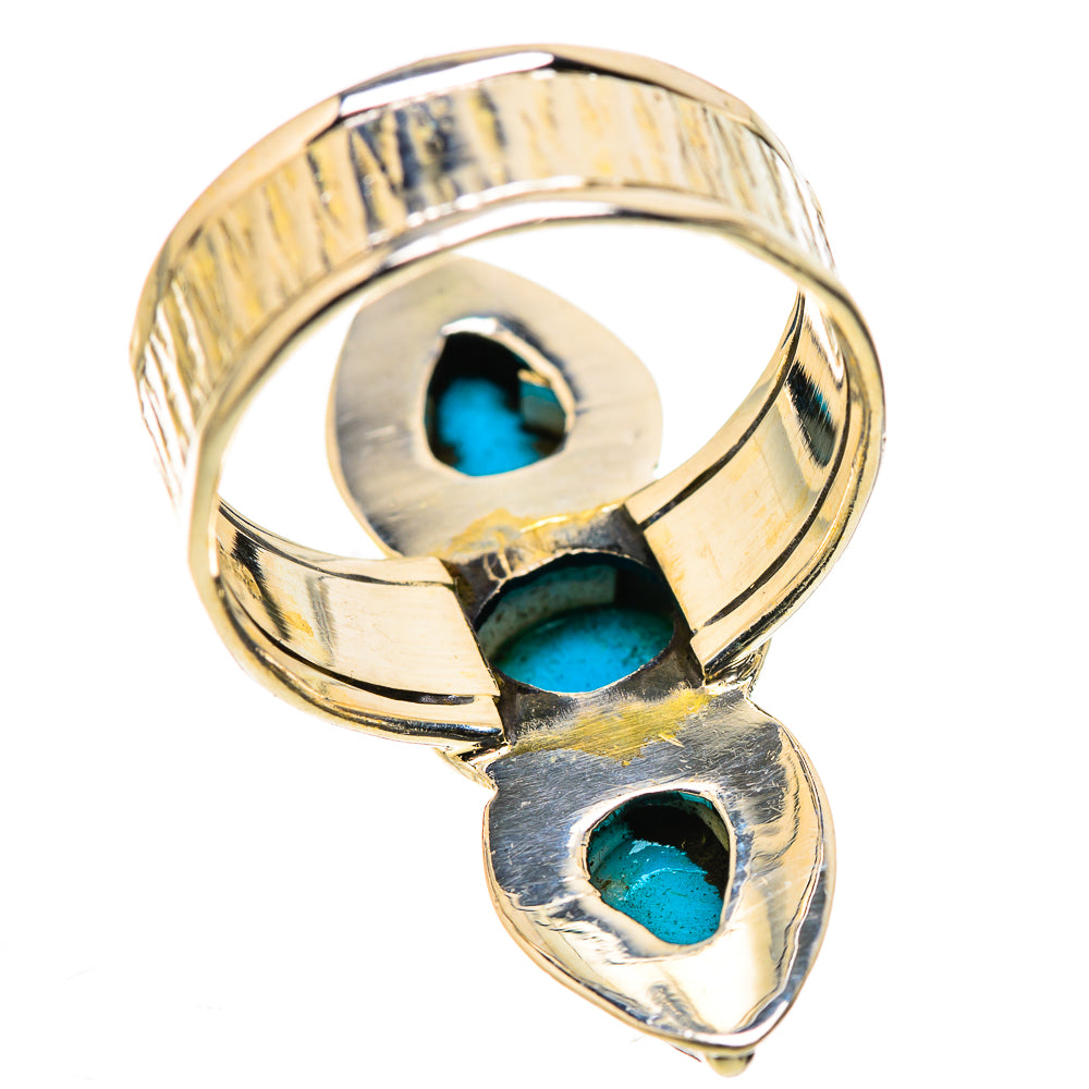 Silver-tone ring band with three turquoise teardrop settings and open back