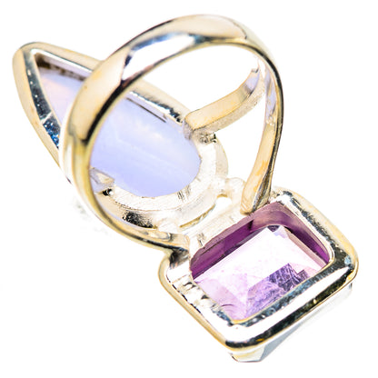 Gemstone ring with oval light blue center stone and purple square side stone, polished band
