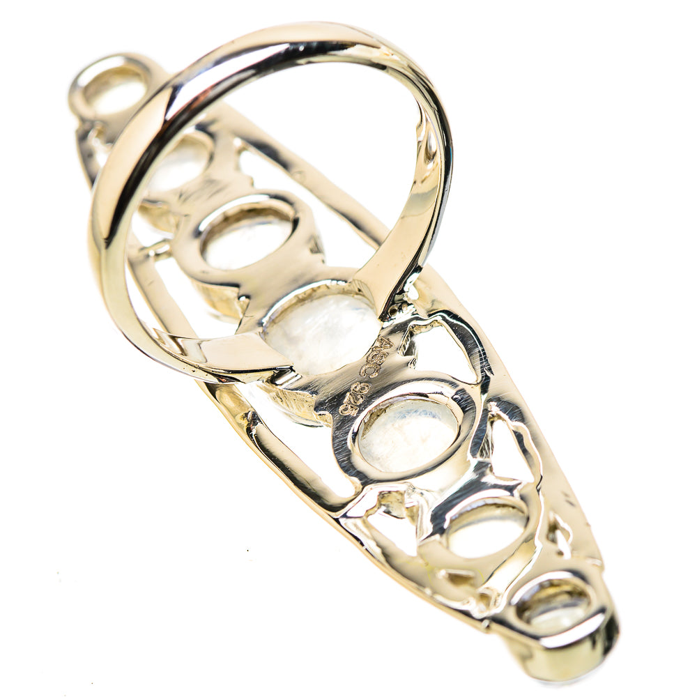Sterling silver rainbow moonstone ring with wide band and round bezel-set stones