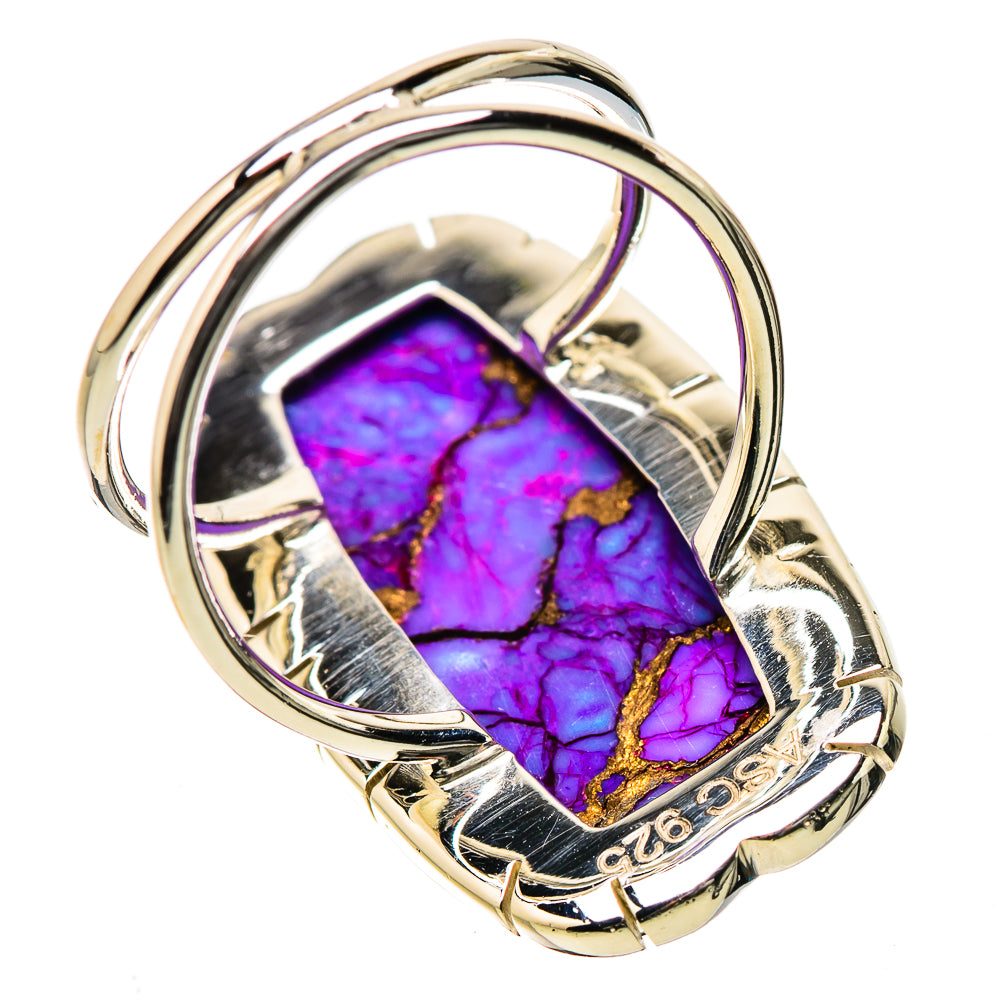 Purple oval turquoise composite ring, silver frame with gold matrix accents