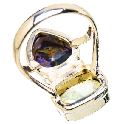 Teardrop two-stone sterling silver ring with dark blue-purple and yellow-green gems
