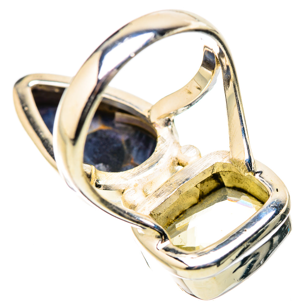 Sterling silver ring in teardrop settings, blue pietersite and yellow-green gemstone