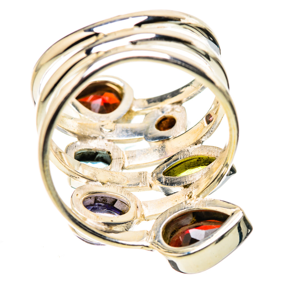 925 sterling silver openwork gemstone ring with red, blue, green, and purple teardrop stones