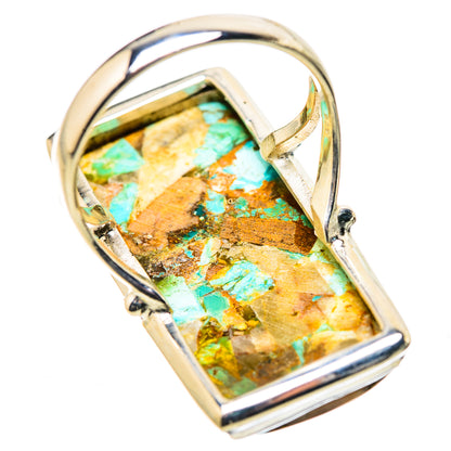 Turquoise mosaic rectangle ring with polished silver frame and side prongs