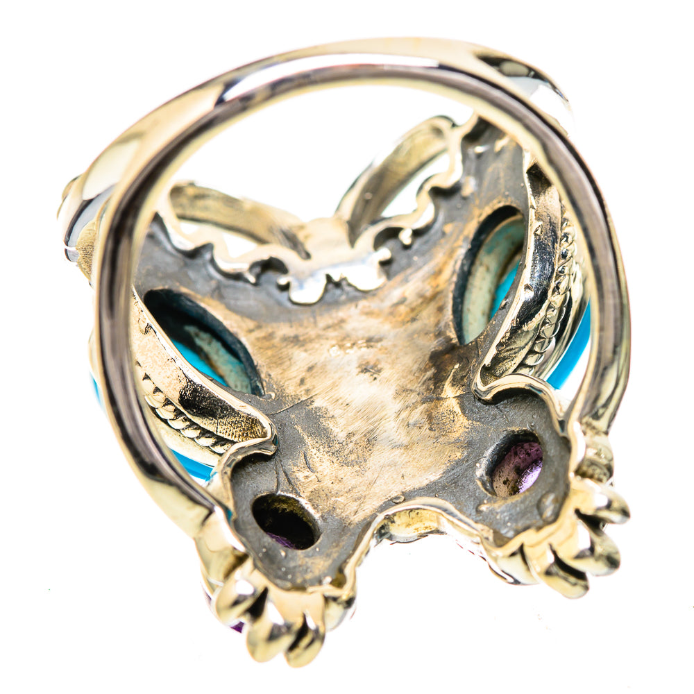 Sterling silver owl ring underside with prongs and sculpted metalwork, turquoise accents