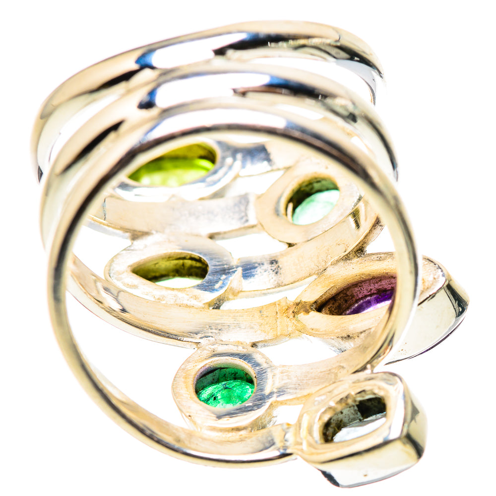 Polished metal multistone ring with green, purple, and blue oval gemstones