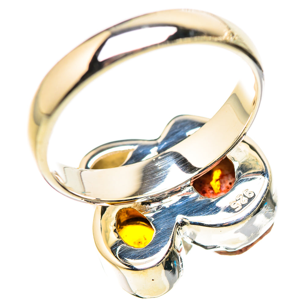 Sterling silver ring with amber round stone, small yellow stone, and clear smoky quartz