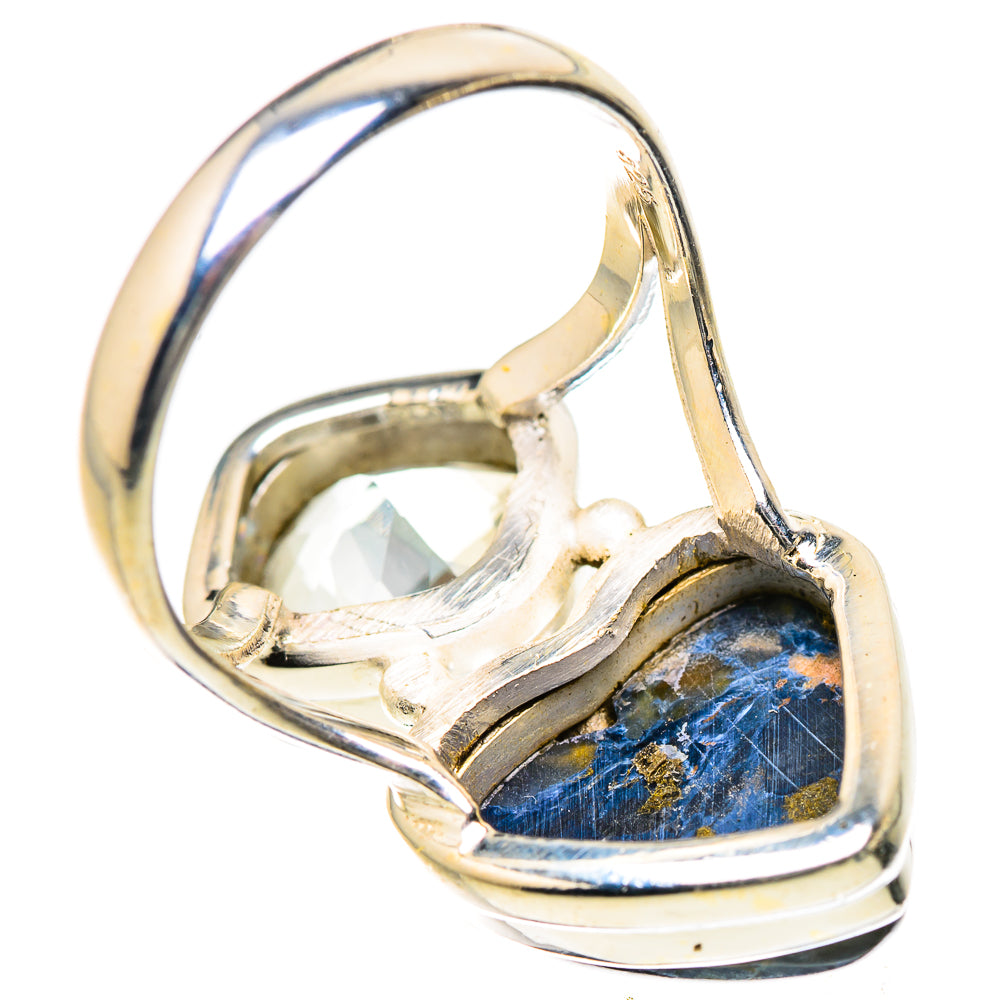 925 sterling silver ring with heart blue pietersite and clear oval center stone
