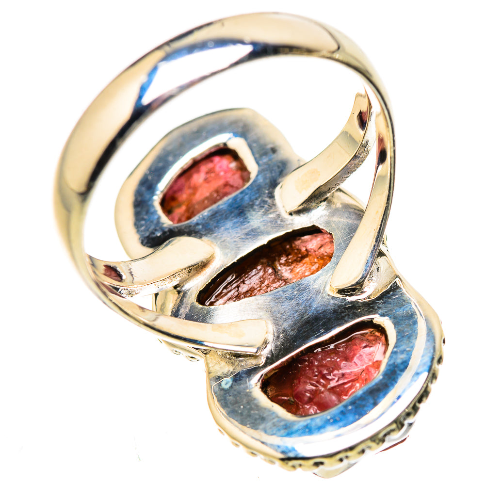 Polished sterling silver ring with three rough pink tourmaline stones in open bezels