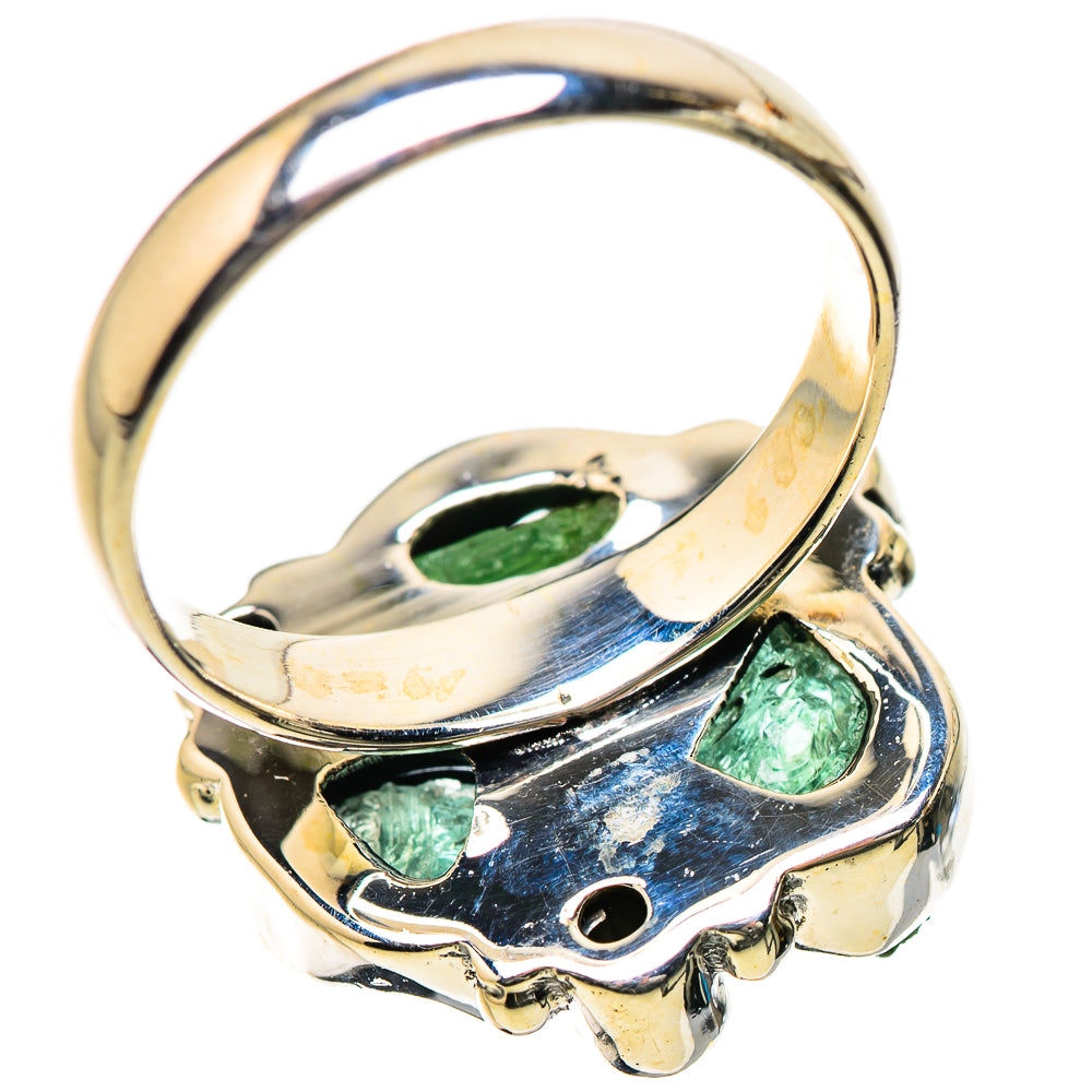Sterling silver gemstone cluster ring, side view with prong-set rough green stones