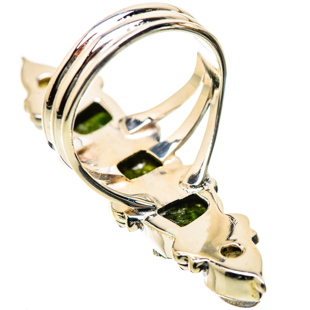 Sterling silver ring with rough green stones and reflective shield-like labradorite