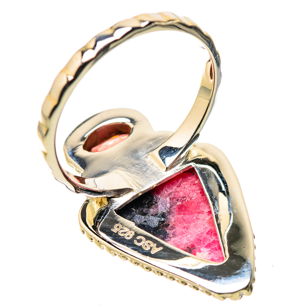 Sterling silver ring angled view with pink rhodonite triangle stone on openwork band