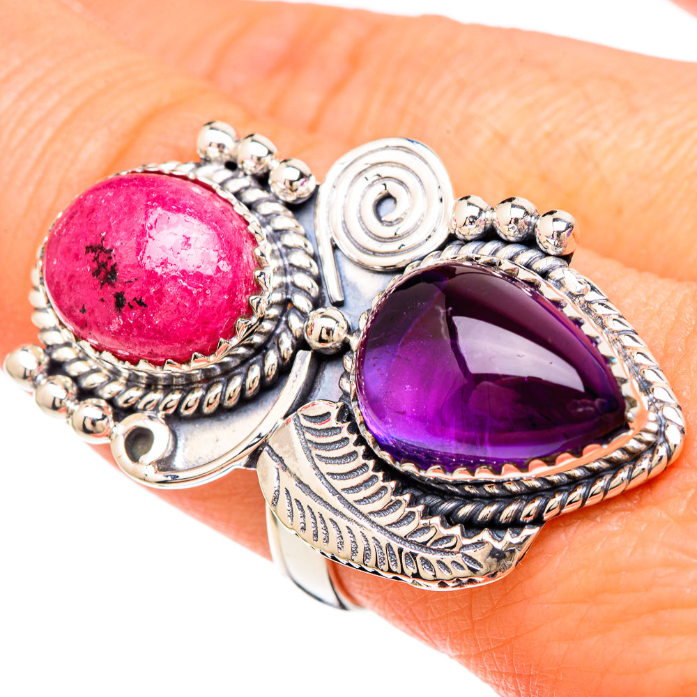Sterling silver ring with pink rhodonite cabochon and purple amethyst teardrop
