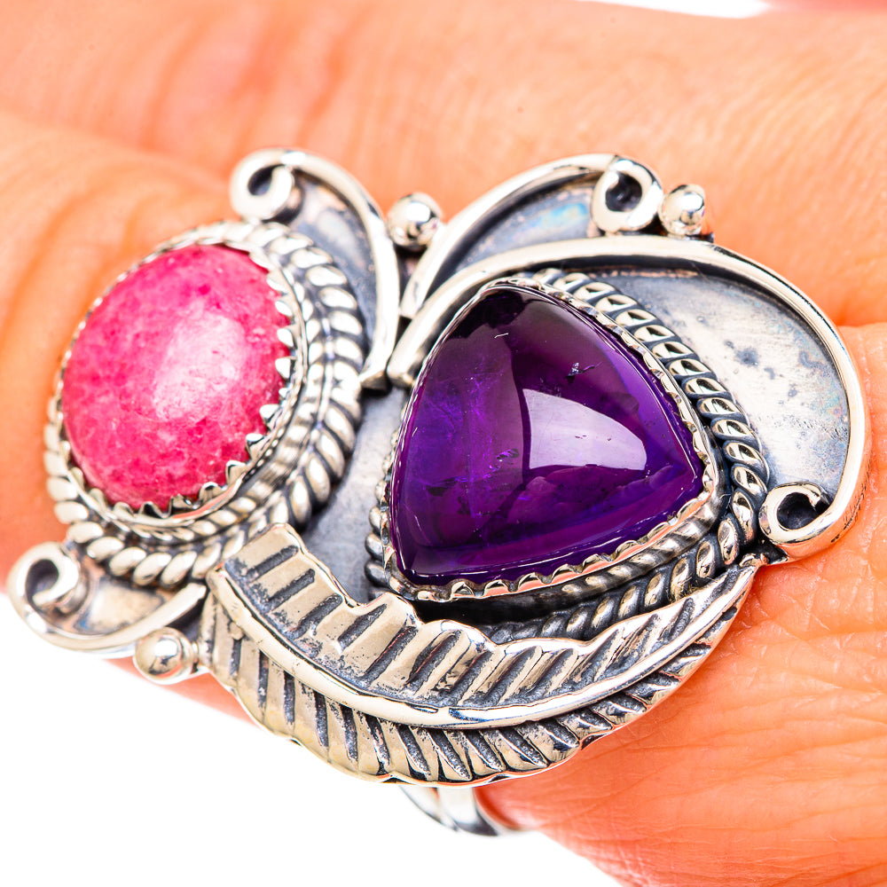 Sterling silver ring with purple amethyst teardrop and pink rhodochrosite oval cabochons