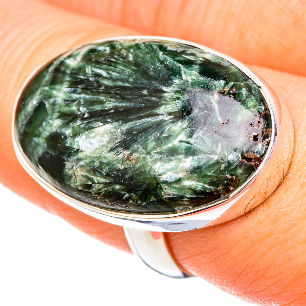 Large oval green seraphinite cabochon ring, 925 sterling silver band, size 8