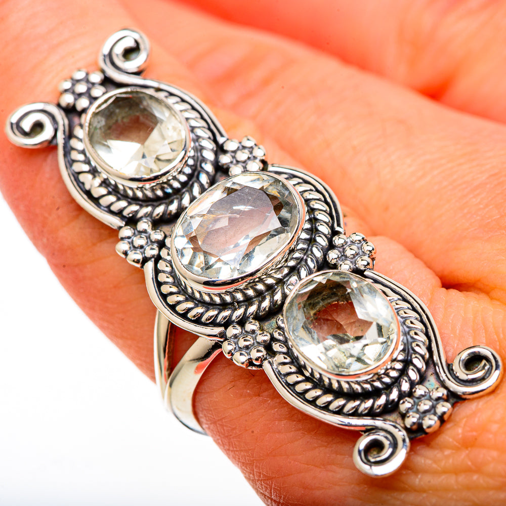 Sterling silver statement ring with three oval gemstones and ornate border, size 8.25