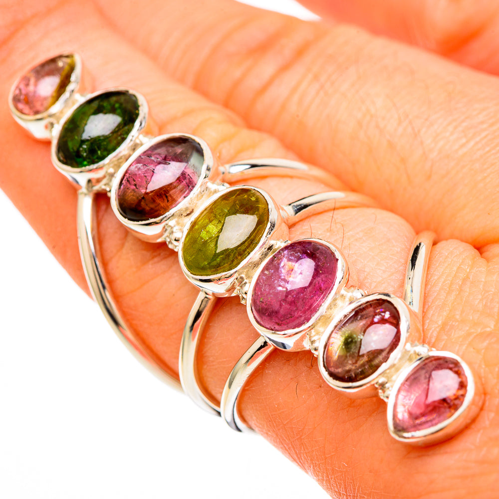 Multicolor gemstone sterling silver ring on hand, oval pink and green tourmaline stones