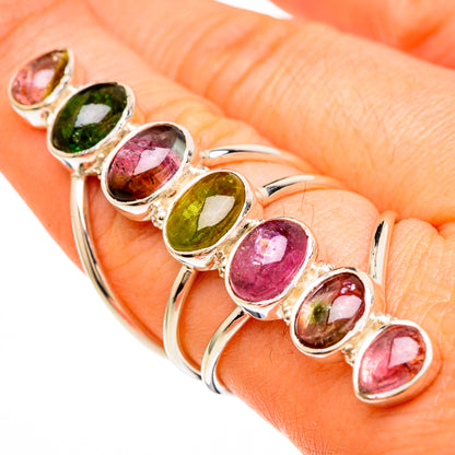Multicolor gemstone sterling silver ring on hand, oval pink and green tourmaline stones