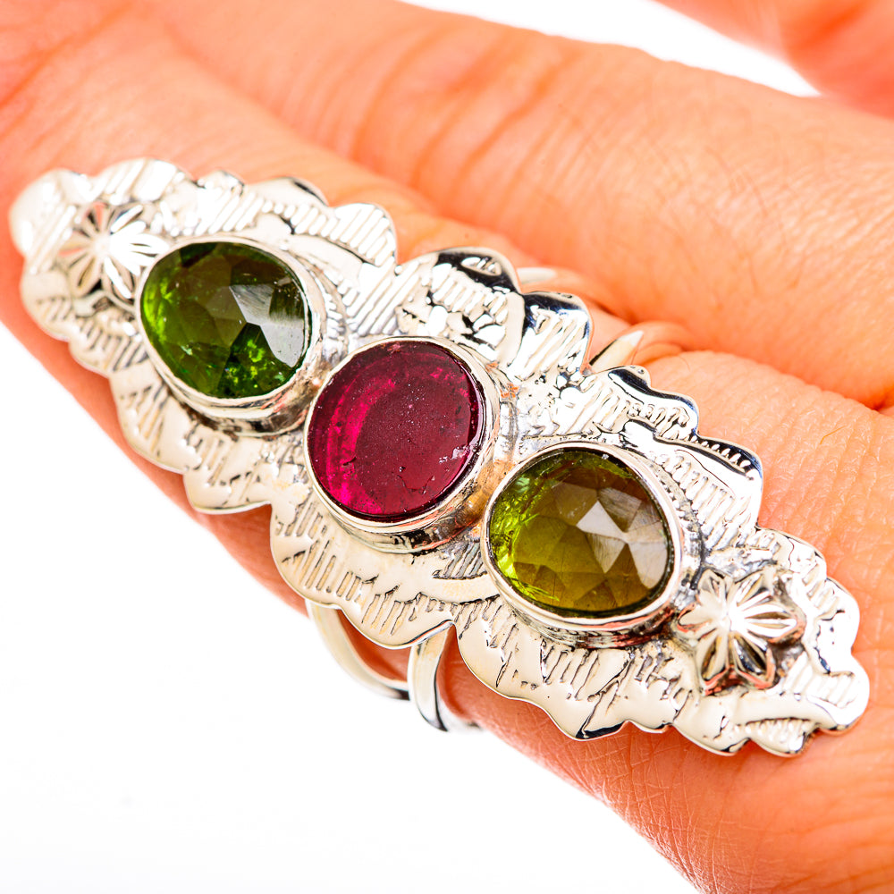 Size 8 sterling silver oval gemstone ring with green, pink, and green stones