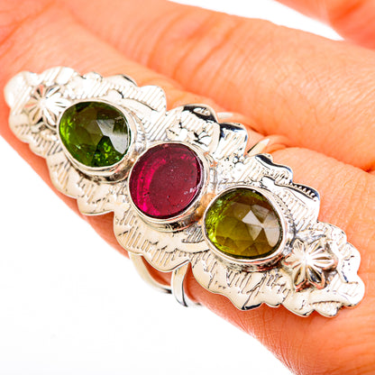 Size 8 sterling silver oval gemstone ring with green, pink, and green stones