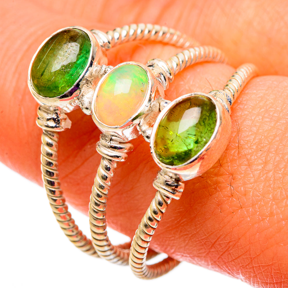 Three-stone oval opal and green peridot sterling silver ring, ribbed band