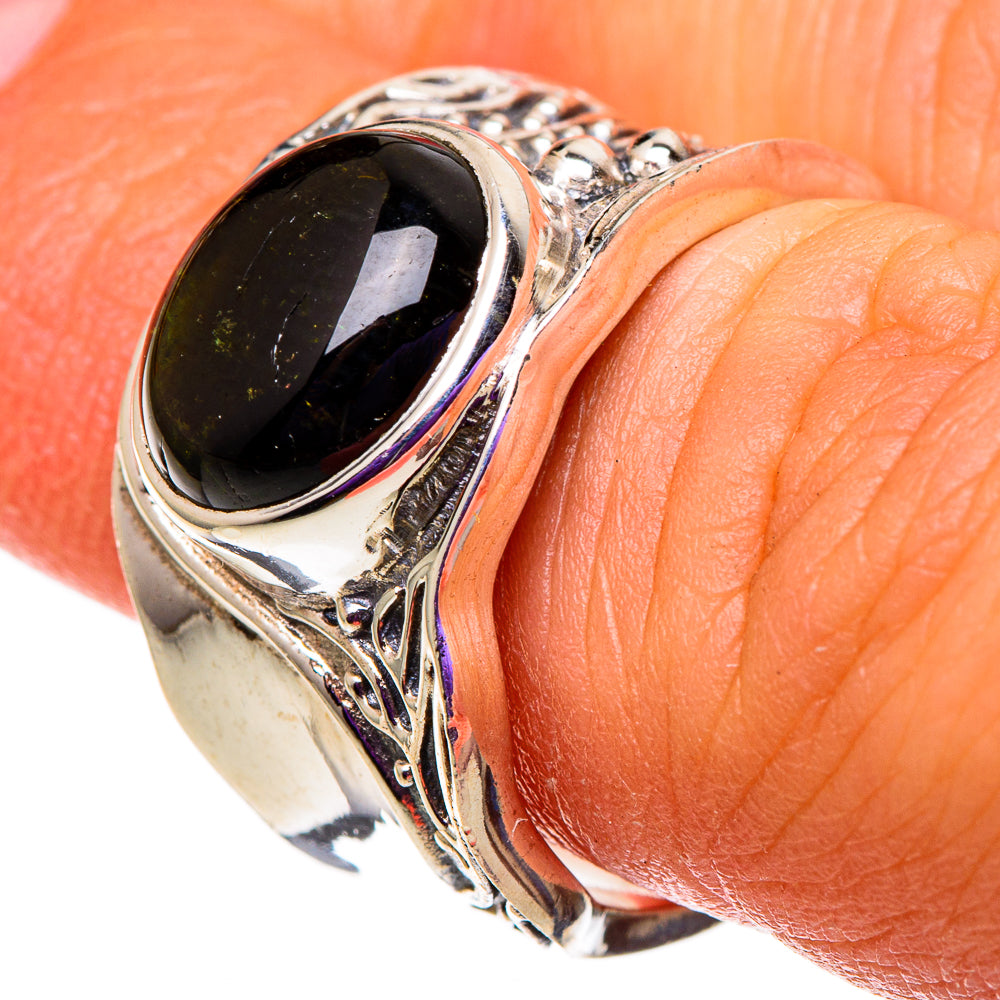 Sterling silver ring with oval dark-green tourmaline cabochon, size 7.25