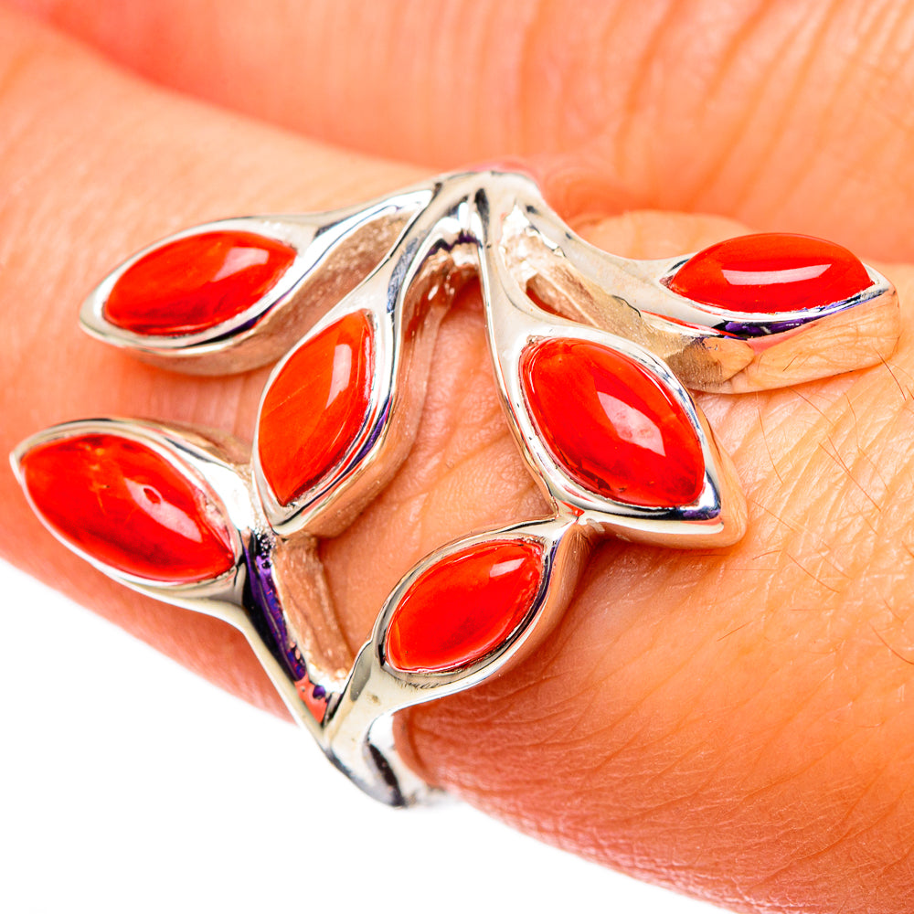 Sterling silver ring with red coral teardrop stones, size 7.25