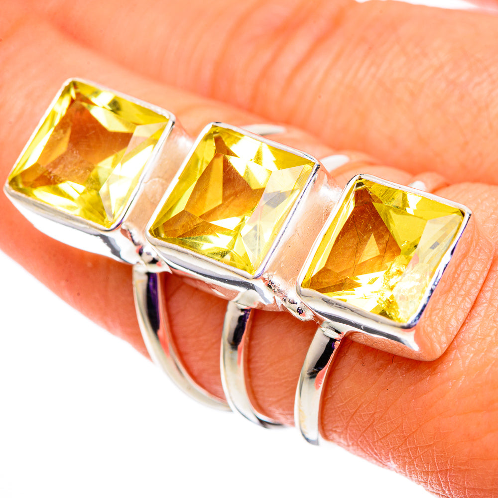 Large faceted citrine ring in 925 sterling silver, three square yellow stones