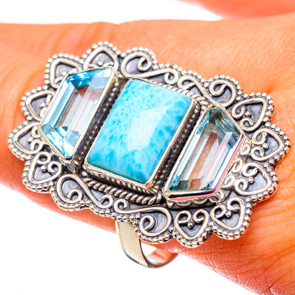 Turquoise and blue topaz gemstone ring in antiqued silver with ornate filigree bezel
