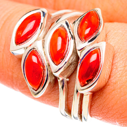 925 sterling silver coral ring close-up, five oval red cabochons in silver bezels