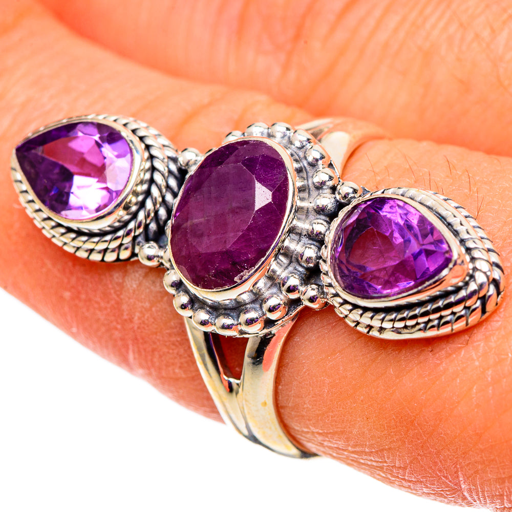 Amethyst gemstone ring in 925 sterling silver with three purple oval stones