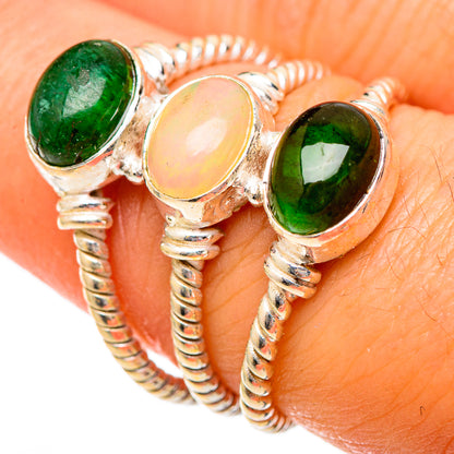 Sterling silver triple-stone ring with green tourmaline and opal stones