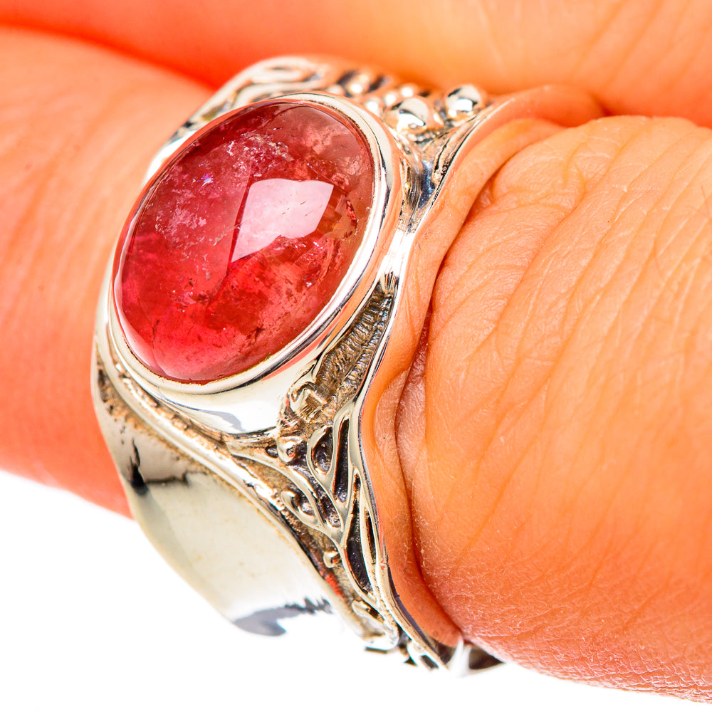 Sterling silver ring with oval pink tourmaline cabochon and engraved side details