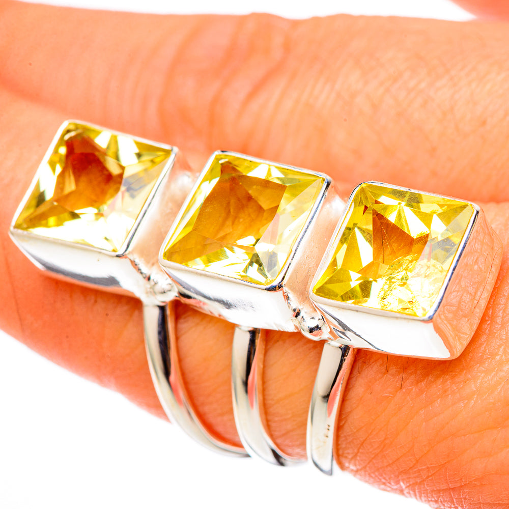 Three-square faceted citrine stones ring in 925 sterling silver band
