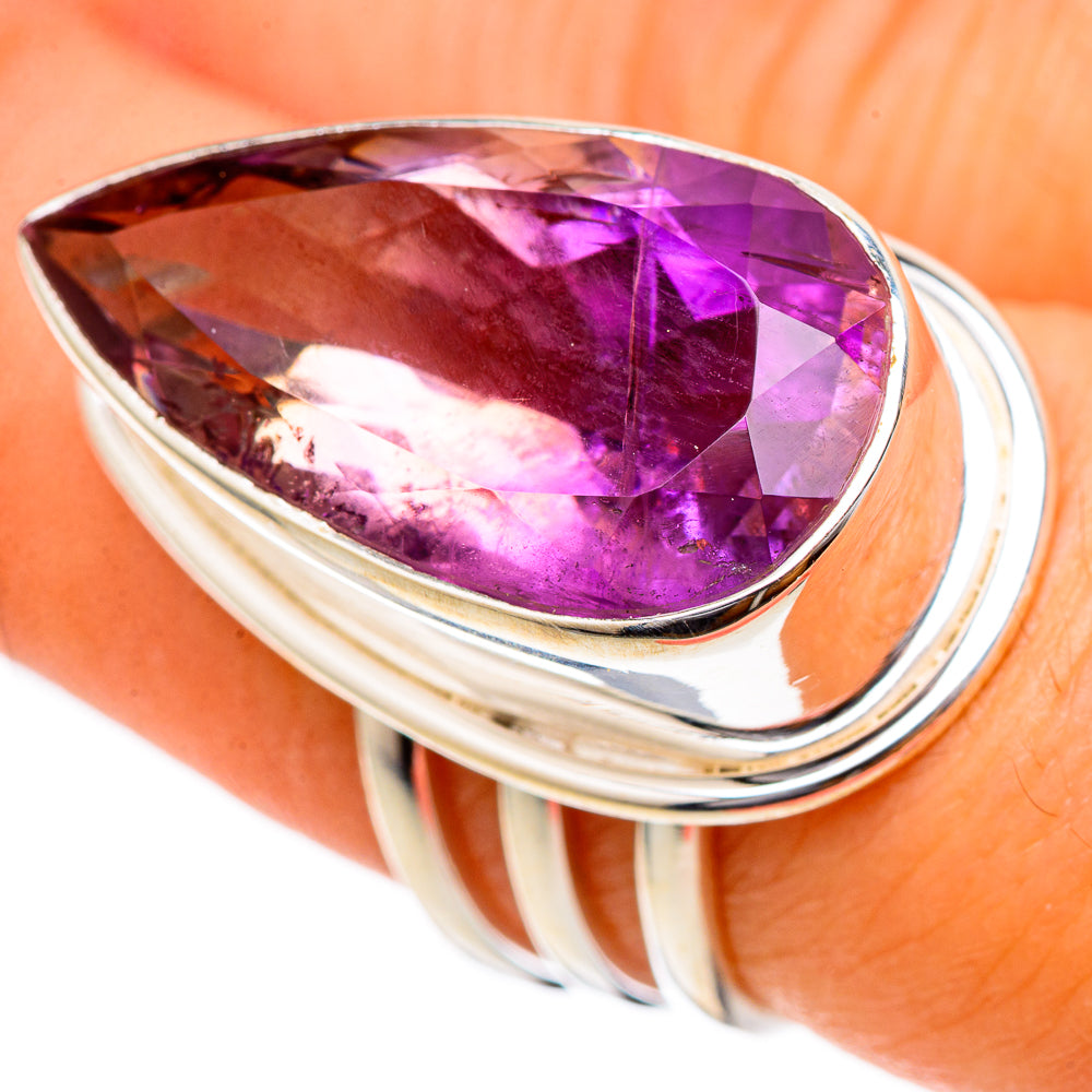 Sterling silver ring with large oval faceted ametrine gemstone, purple-pink tones