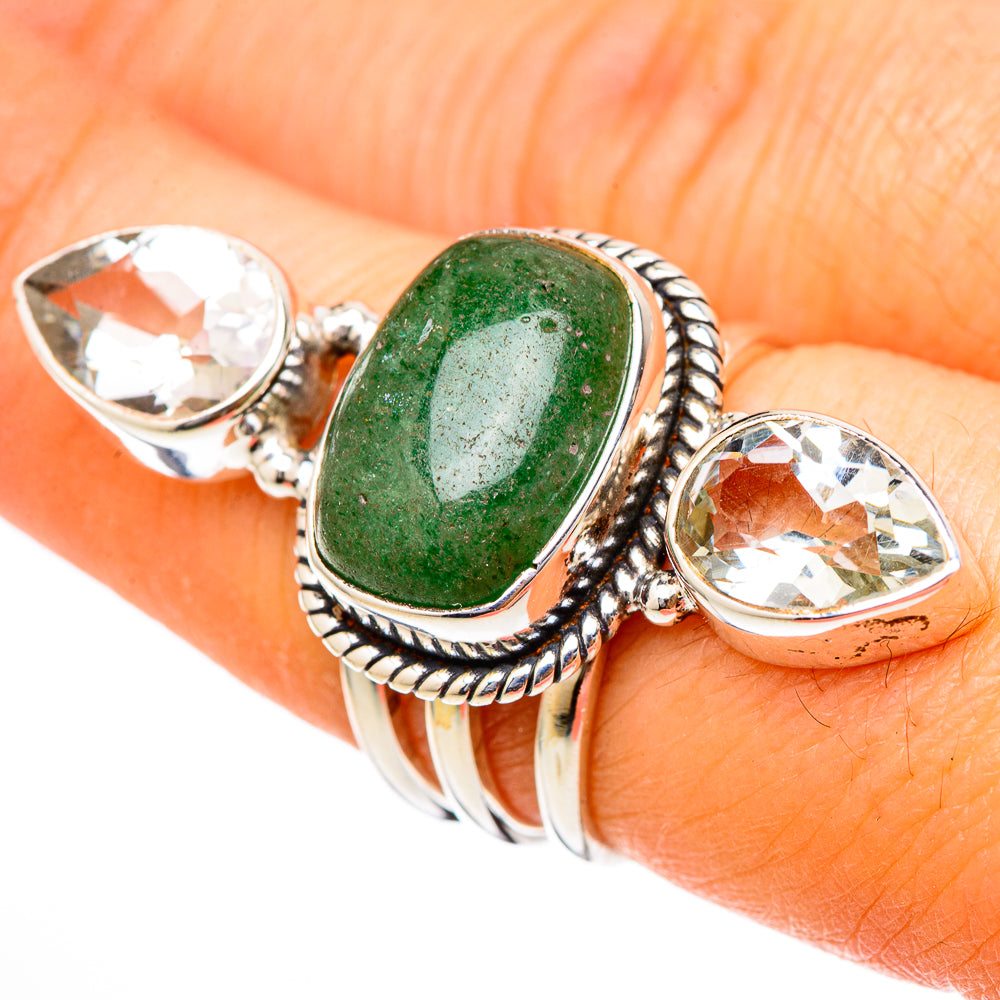 Green oval aventurine ring with two pear-cut white quartz stones, rope bezel, 925 silver