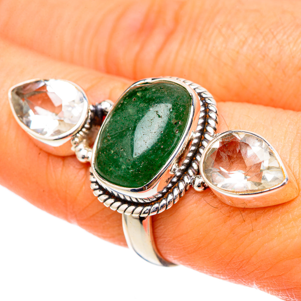 Green aventurine oval gemstone ring with two white faceted stones and braided sterling silver band