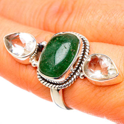 Green aventurine oval gemstone ring with two white faceted stones and braided sterling silver band