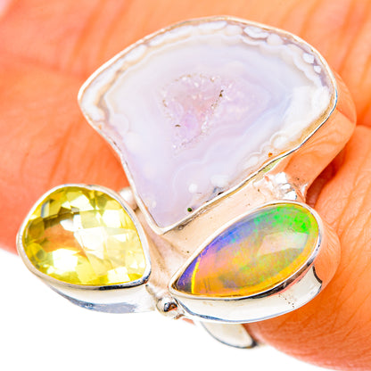 White Geode Slice, Ethiopian Opal, Citrine Rings handcrafted by Ana Silver Co - RING101900