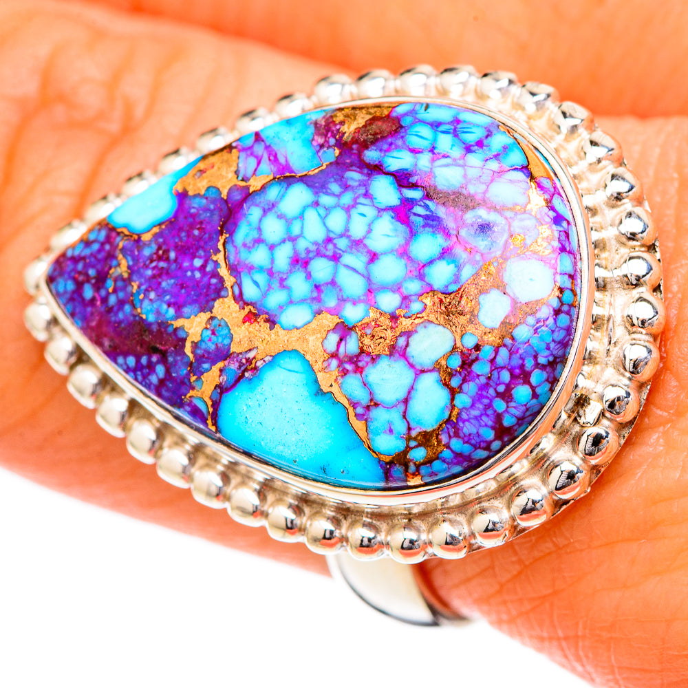 Large spiny oyster turquoise ring, oval turquoise stone, 925 silver beaded bezel, size 8.5
