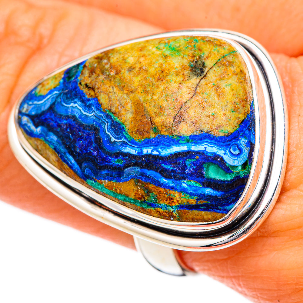 Oval cabochon ring with vivid blue swirls and yellow-green matrix, 925 sterling silver